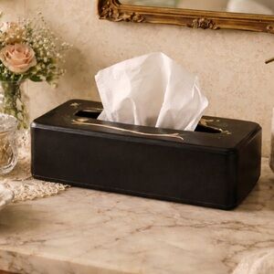 Vintage 1950s Ransburg Black Metal Tissue Box Cover Hand Painted Tole Floral